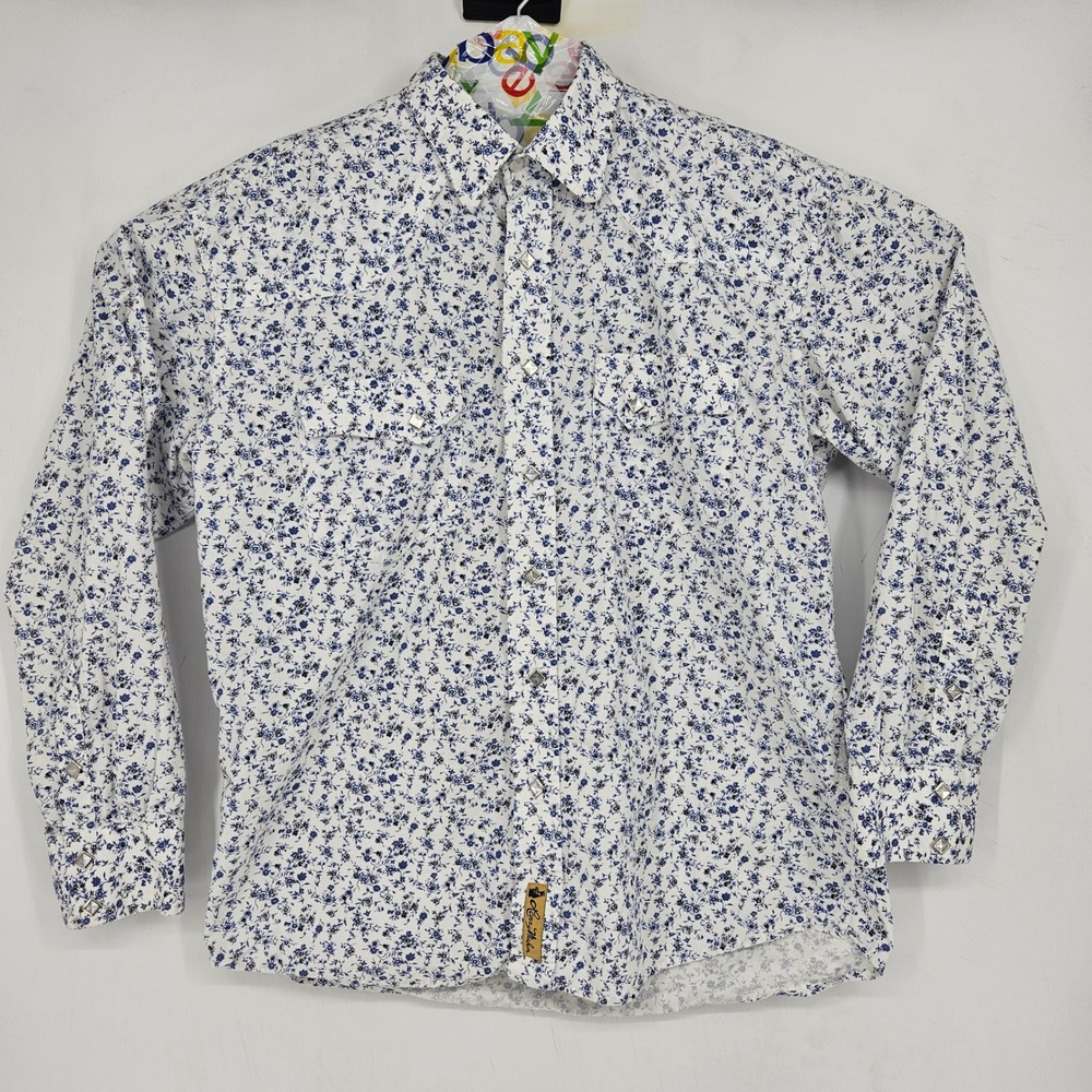 Larry Mahan Shirt Mens Large Western Pearl Snap Long Sleeve White Floral Rodeo